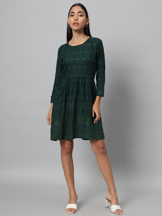 Women Fit and Flare Dark Green, Light Green Dress