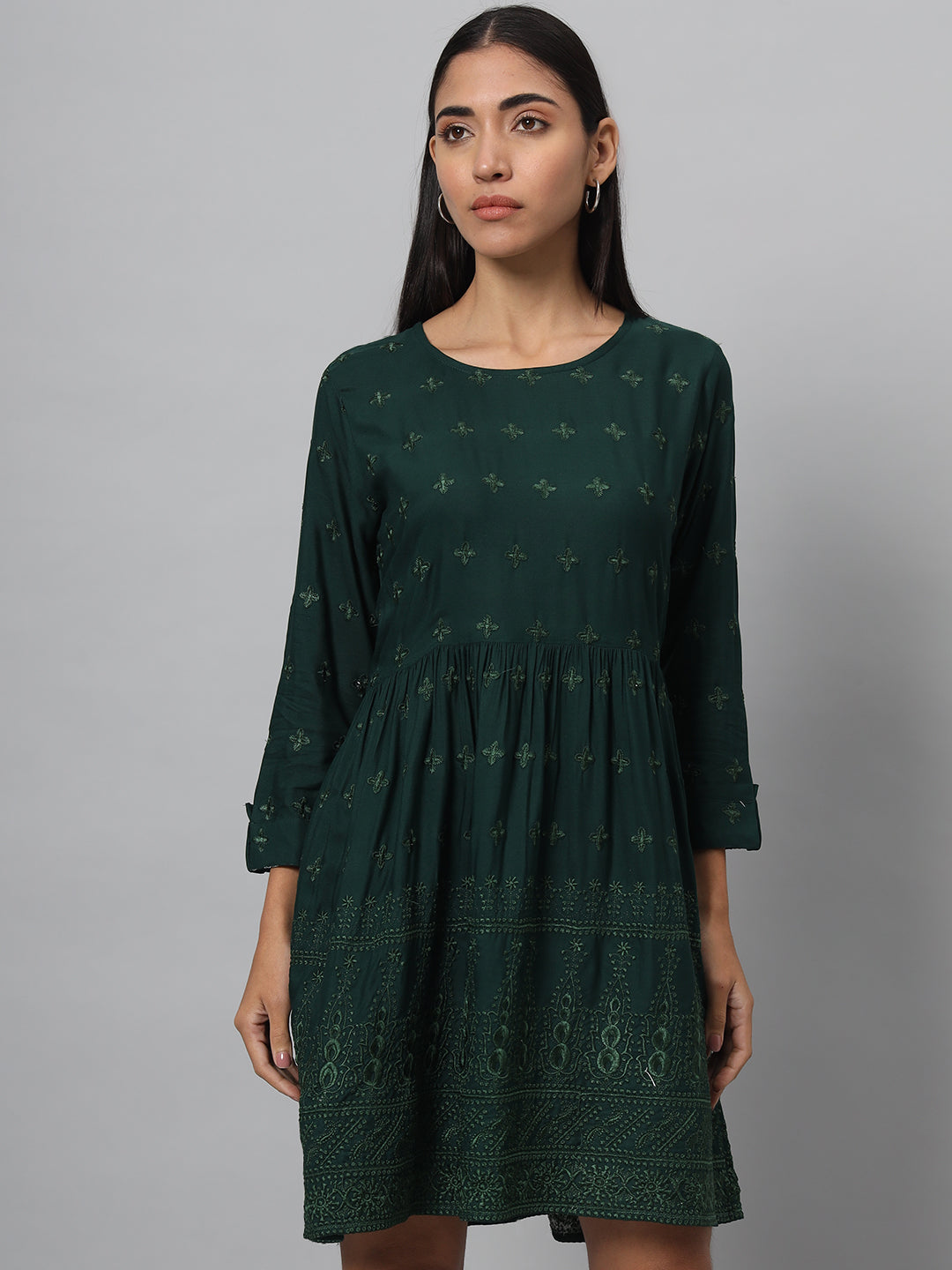 Women Fit and Flare Dark Green, Light Green Dress