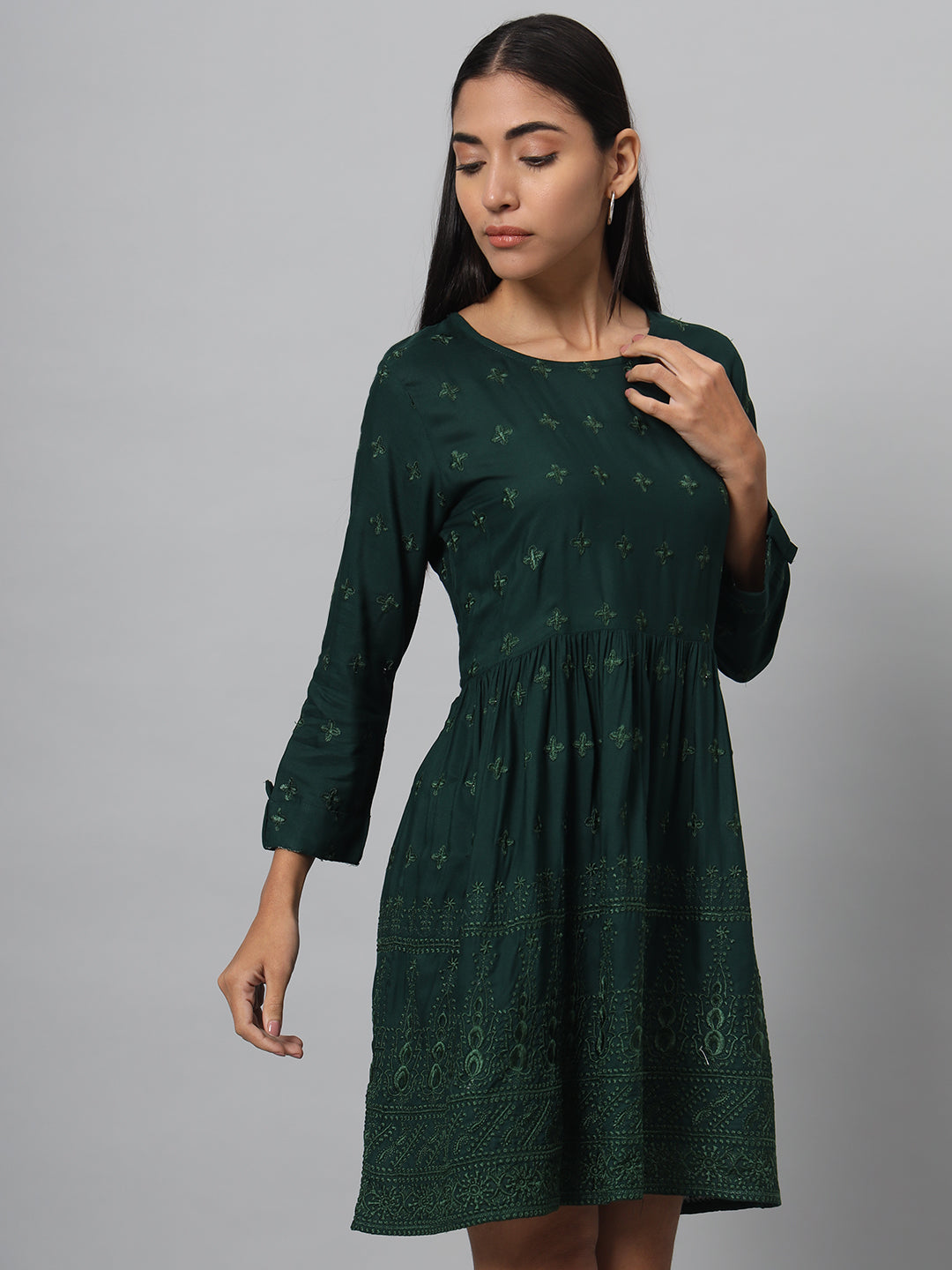 Women Fit and Flare Dark Green, Light Green Dress