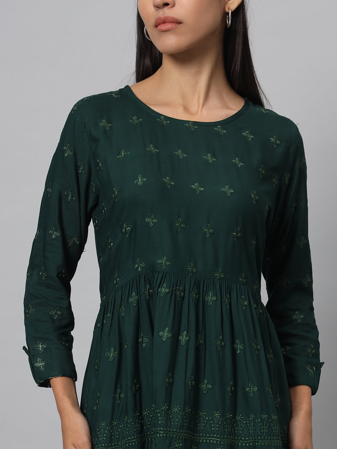 Women Fit and Flare Dark Green, Light Green Dress