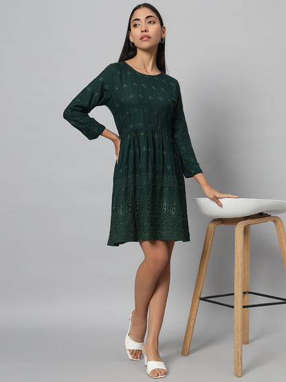 Women Fit and Flare Dark Green, Light Green Dress