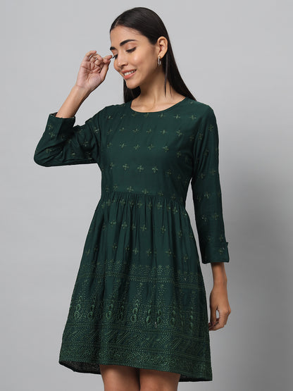 Women Fit and Flare Dark Green, Light Green Dress