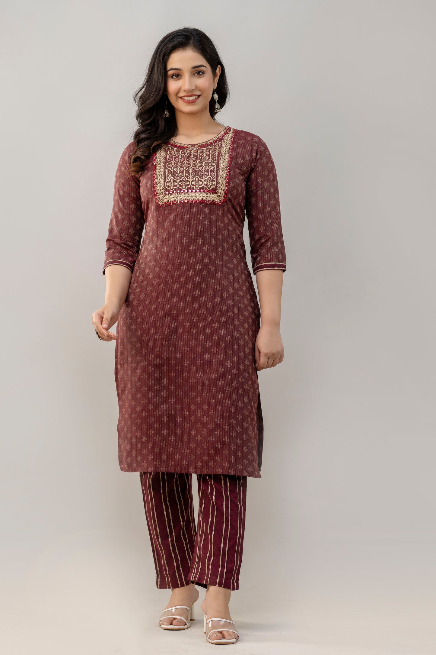 Geometric Woven Design Straight Kurta Pant Dupatta Set