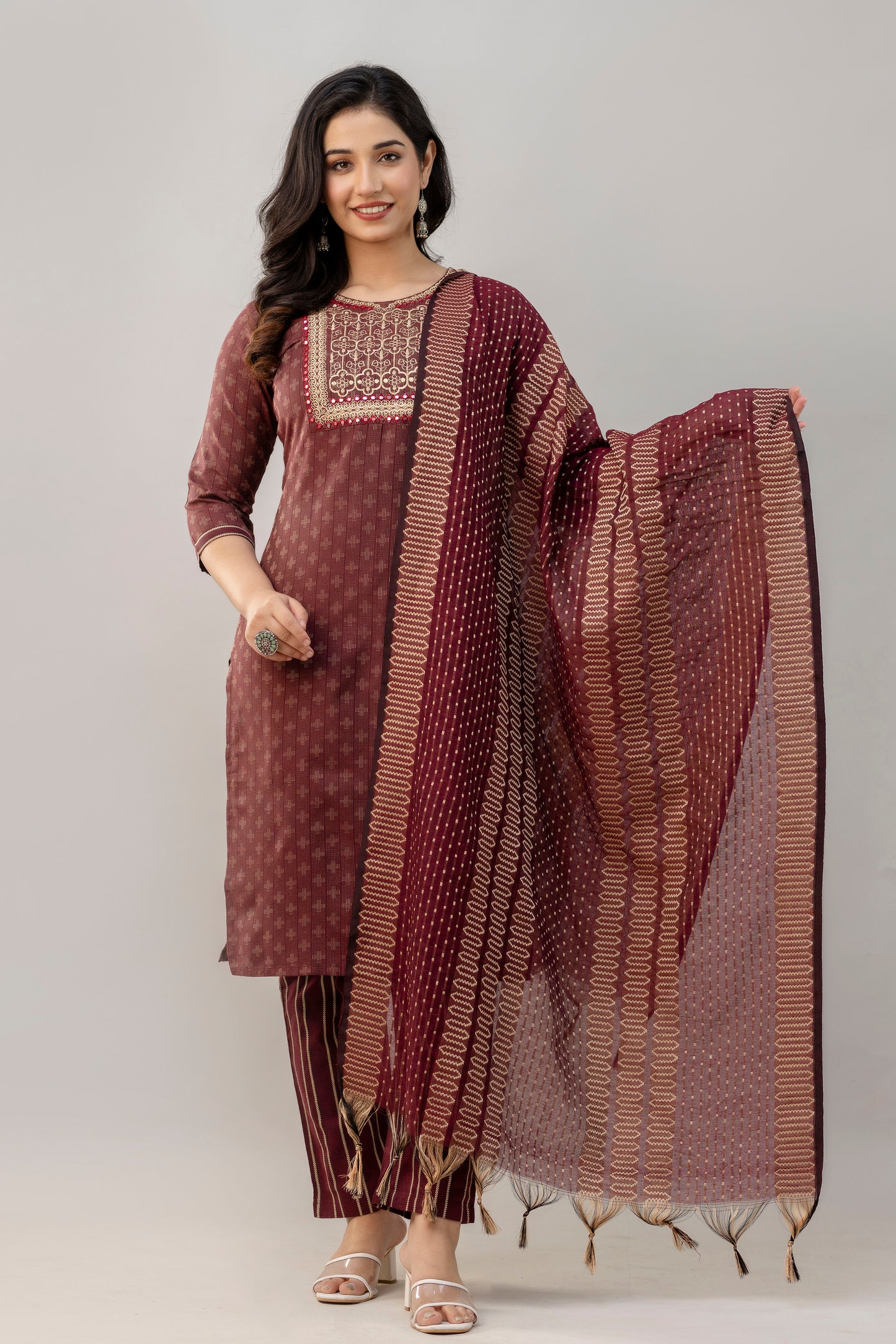 Geometric Woven Design Straight Kurta Pant Dupatta Set