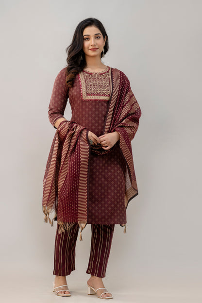 Geometric Woven Design Straight Kurta Pant Dupatta Set