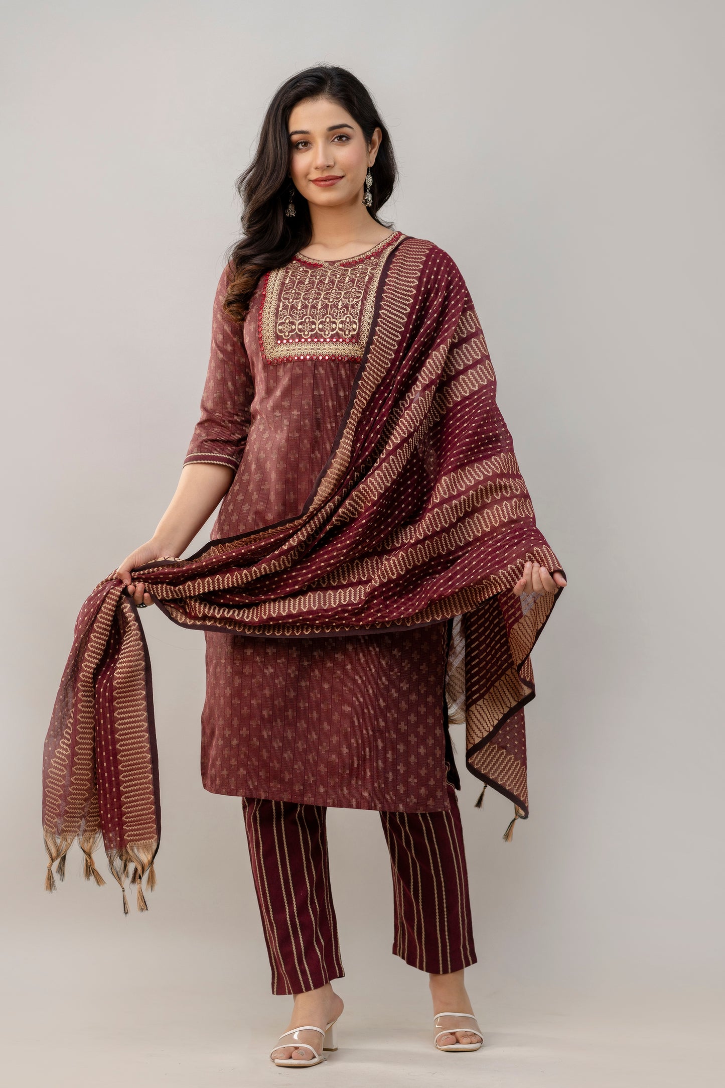 Geometric Woven Design Straight Kurta Pant Dupatta Set