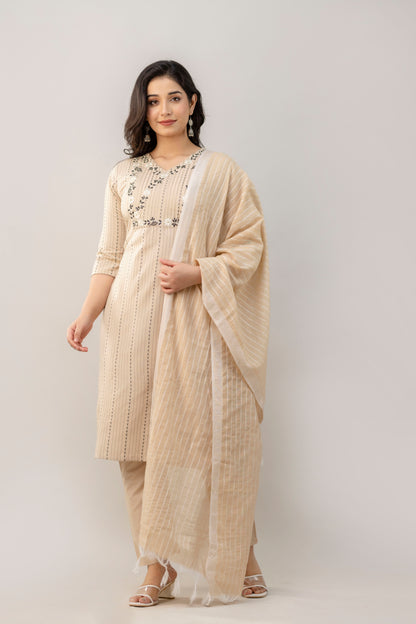 Women Cotton Blend Kurta Pant Dupatta Set