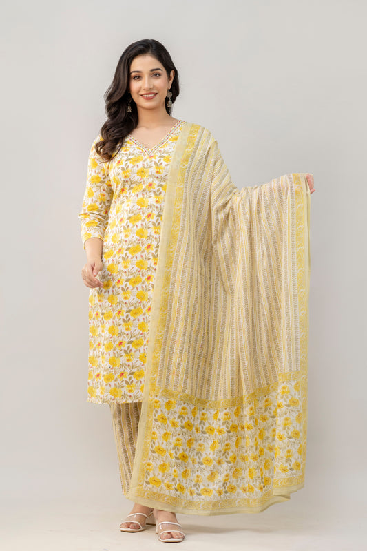 Women Cotton Silk Kurta Pant Dupatta Set