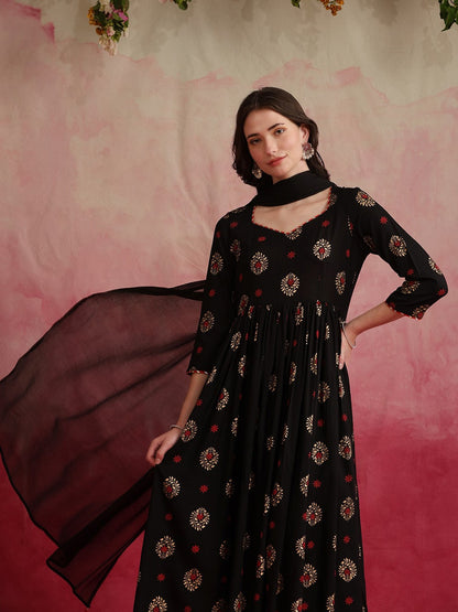 Ethnic Motifs Printed Anarkali Kurta With Palazzos & Dupatta