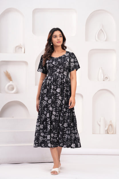 Floral Print Cotton Blend Stitched Flared/A-line Dress