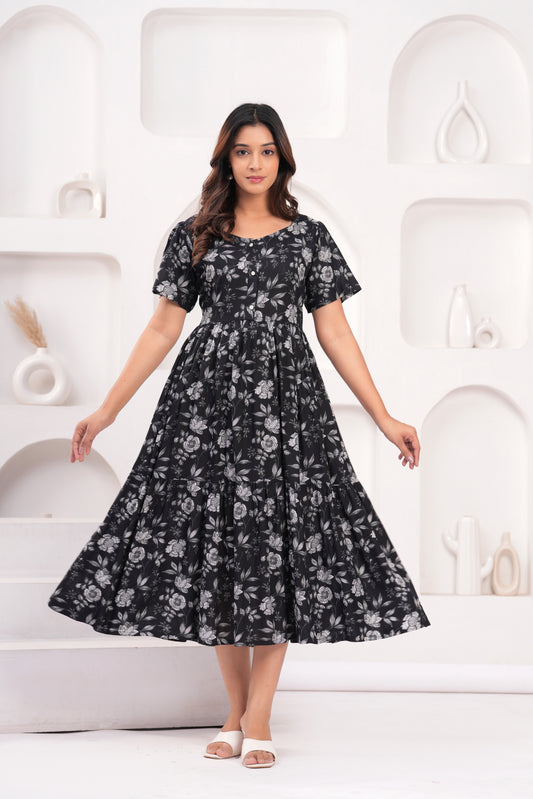 Floral Print Cotton Blend Stitched Flared/A-line Dress