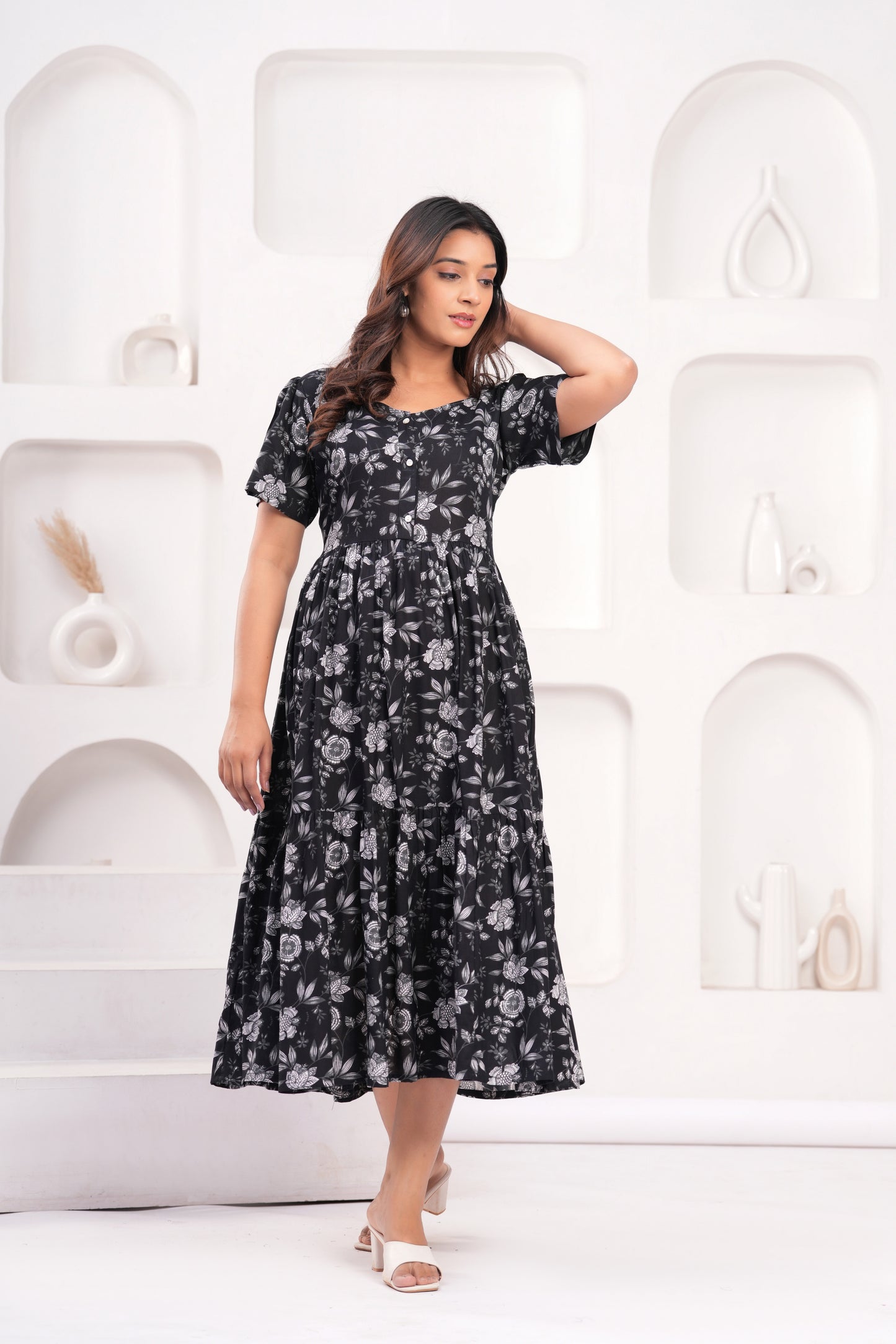 Floral Print Cotton Blend Stitched Flared/A-line Dress