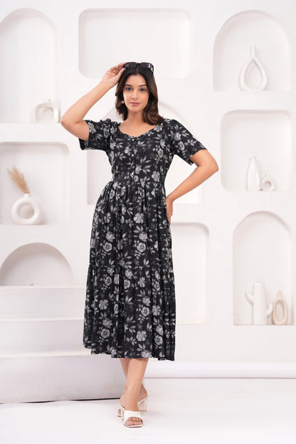 Floral Print Cotton Blend Stitched Flared/A-line Dress