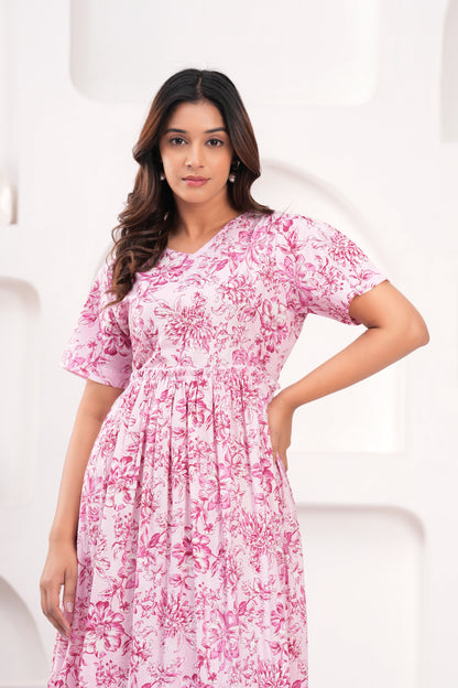 Floral Printed A-Line Cotton Dress