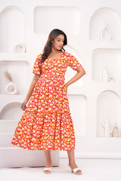 Women Floral Print Layered Knee Length Dress