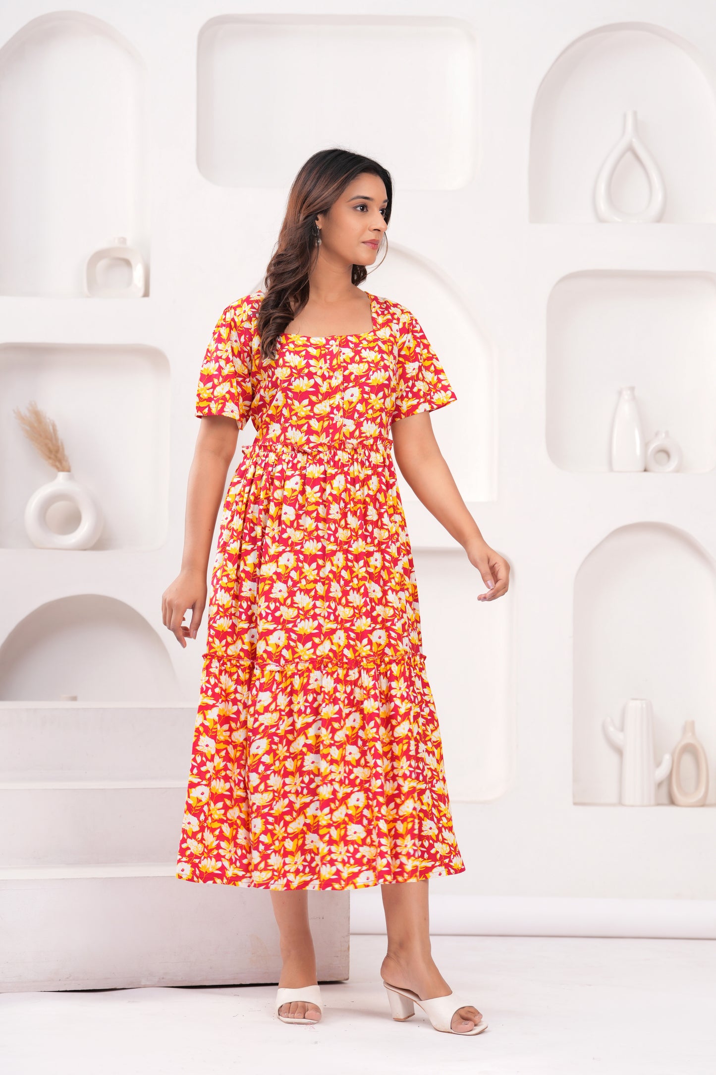 Women Floral Print Layered Knee Length Dress