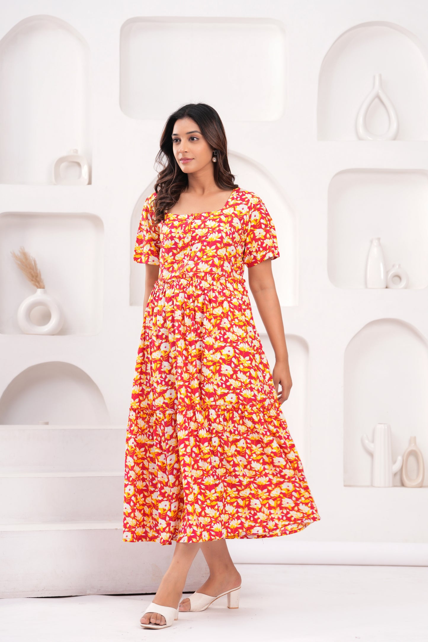 Women Floral Print Layered Knee Length Dress