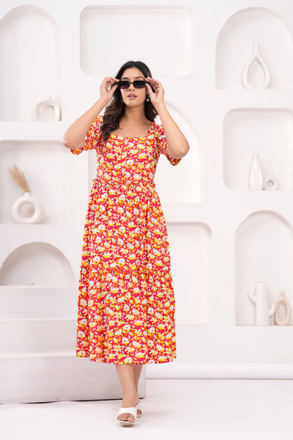 Women Floral Print Layered Knee Length Dress