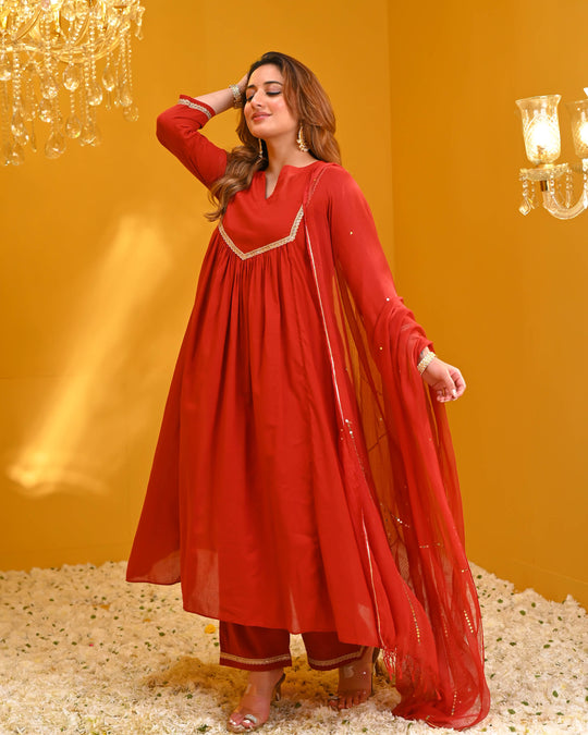 Sequinned Anarkali Kurta Palazzo Dupatta Set