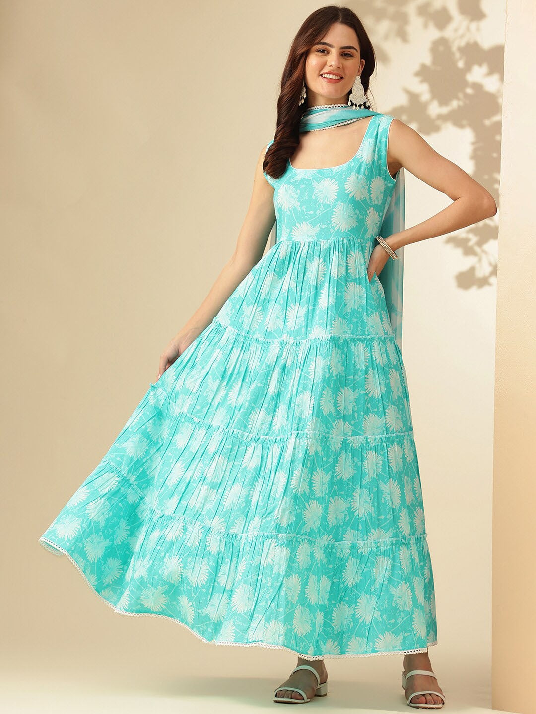 Floral Printed Round Neck Sleeveless Cotton Anarkali Kurta with Dupatta