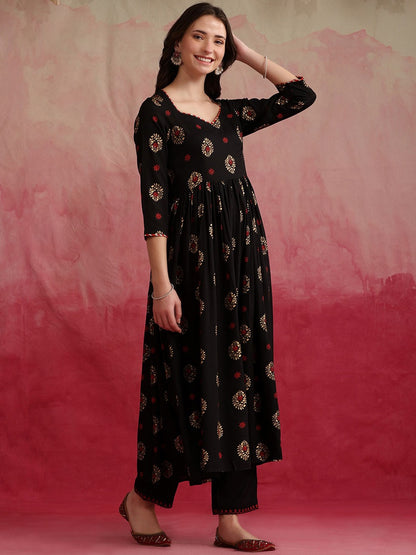 Ethnic Motifs Printed Anarkali Kurta With Palazzos & Dupatta